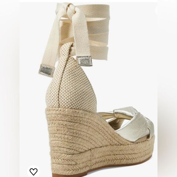 Cole Haan Cloudfeel Hampton Soft Gold Leather/Natural Canvas Wedge Sandals - Picture 2 of 5